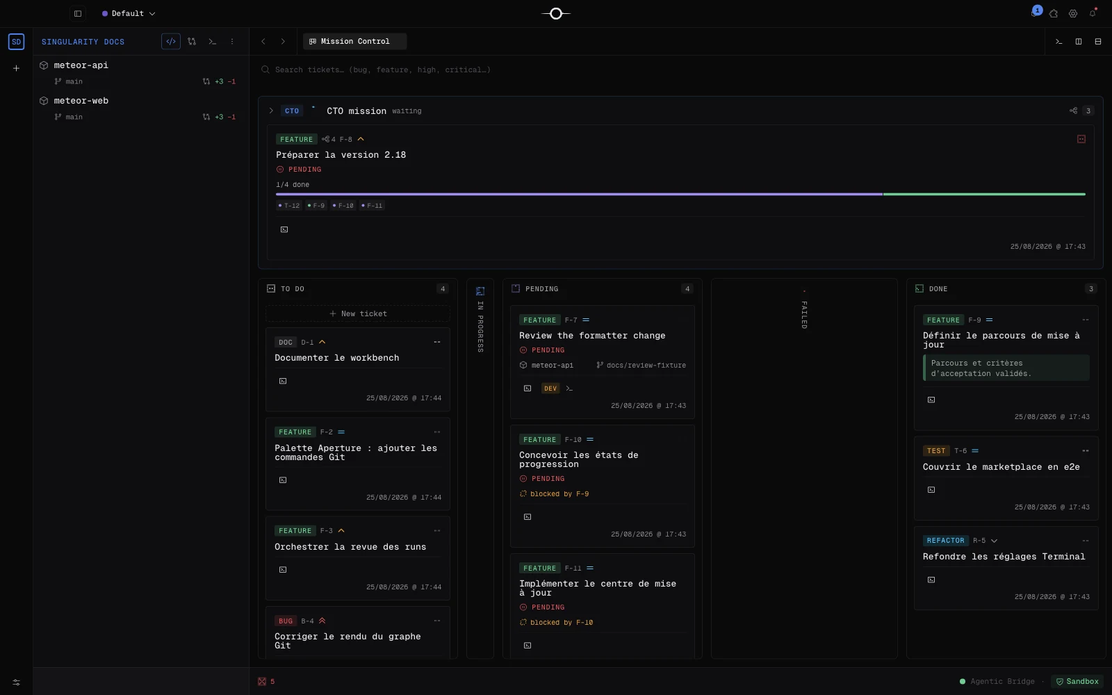 Vue d'ensemble du board kanban de Singularity avec plusieurs tickets en parallèle et le panneau d'orchestration sur la droite