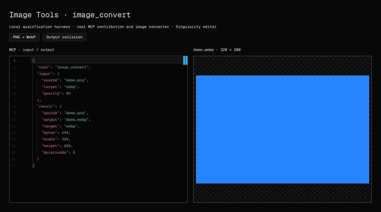 Conversion réelle : entrée MCP, réponse et aperçu WebP dans les composants de Singularity