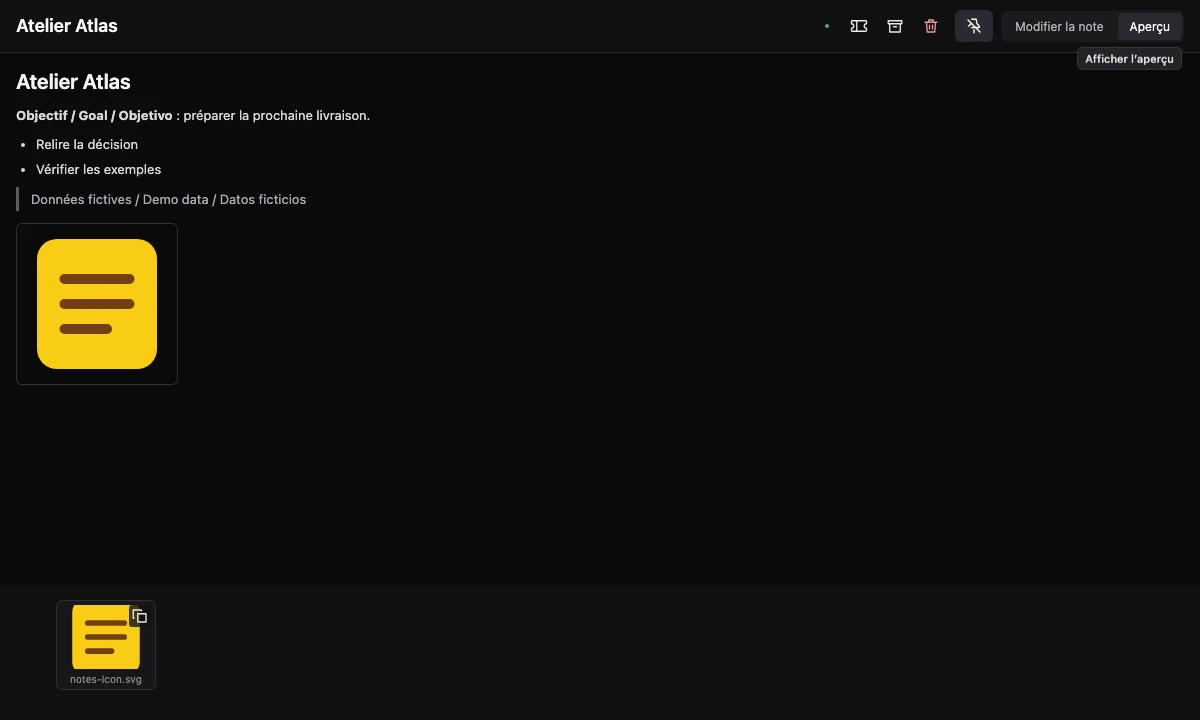 Preview of the pinned note: rendered title, bold text, list and image