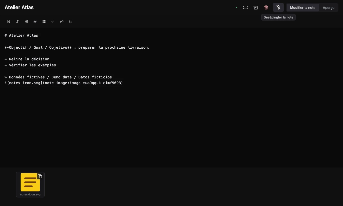 Notes plugin Markdown editor with a pinned demonstration note and its attached image