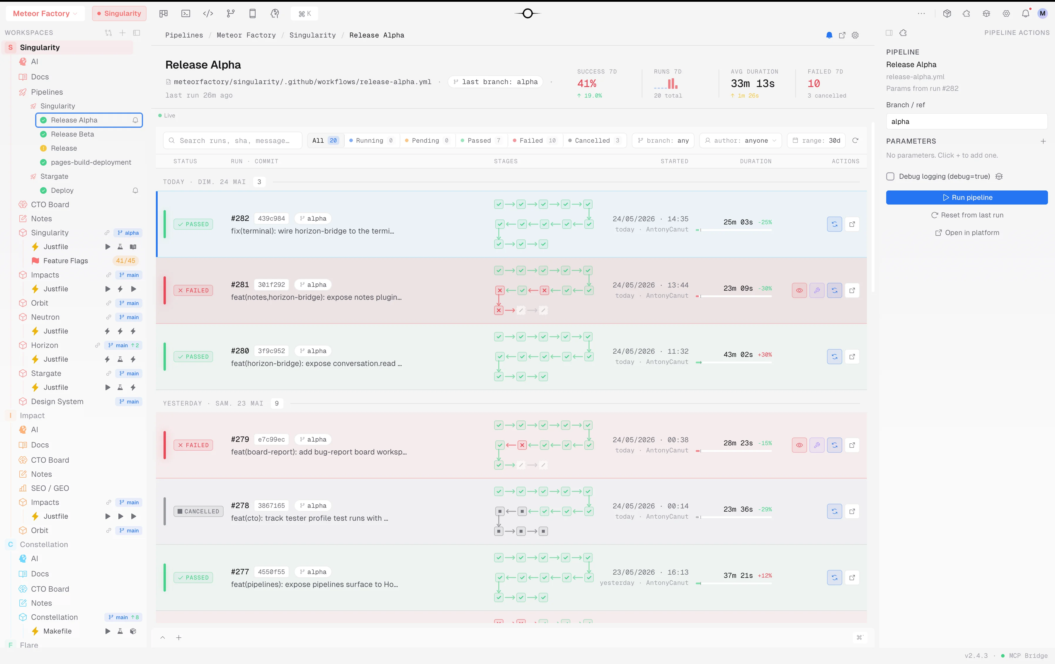Vue Pipelines de Singularity : historique des exécutions, statuts et durées
