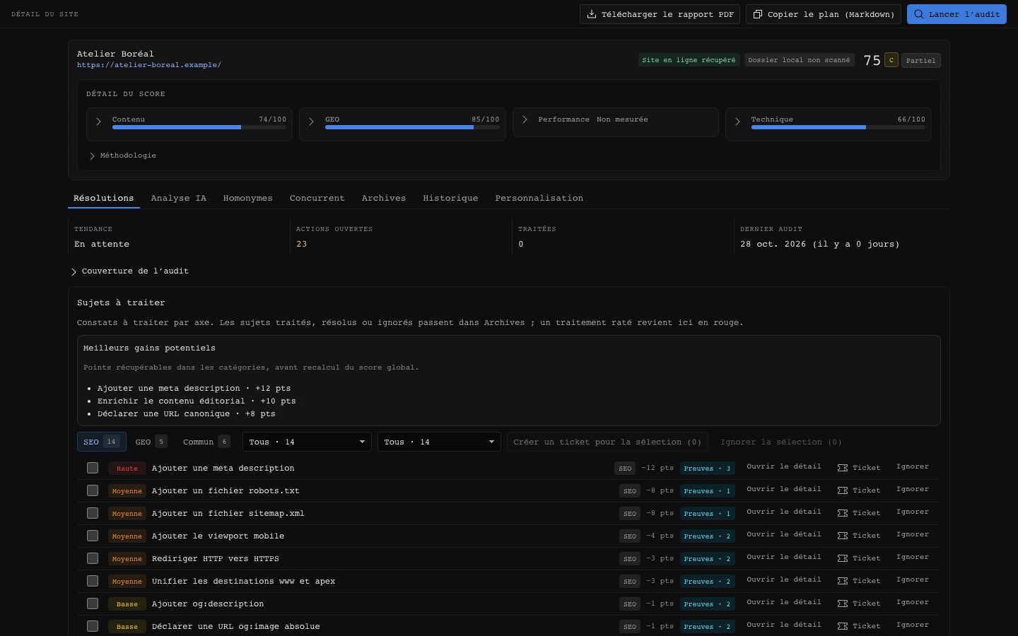 Détail d’un site de démonstration dans SEO Dashboard : scores Contenu, GEO et Technique, et sujets à traiter