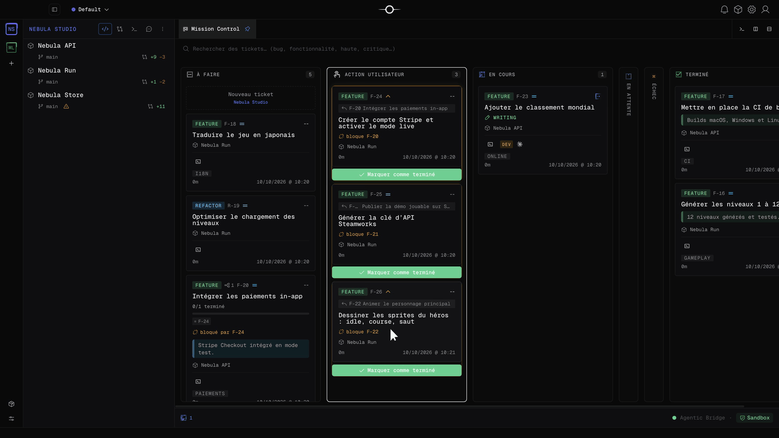 Tableau kanban Singularity avec des tickets bloqués par d’autres tickets