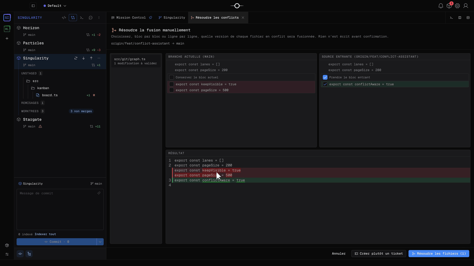 Résolution d’un conflit Git en trois volets dans Singularity