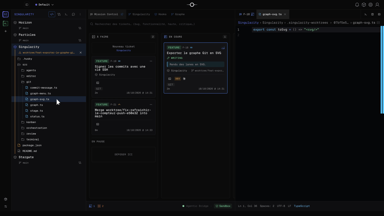Explorateur de fichiers de Singularity ouvert sur le worktree d’un ticket, avec un fichier écrit par l’agent