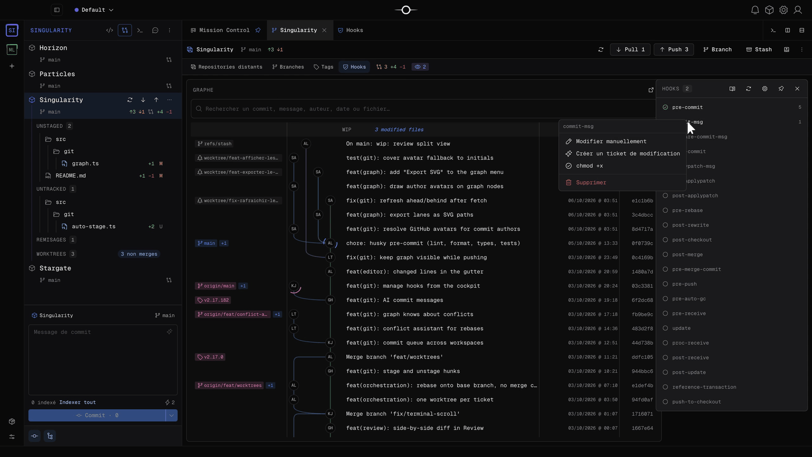 Le graphe Git de Singularity et le menu des hooks du dépôt