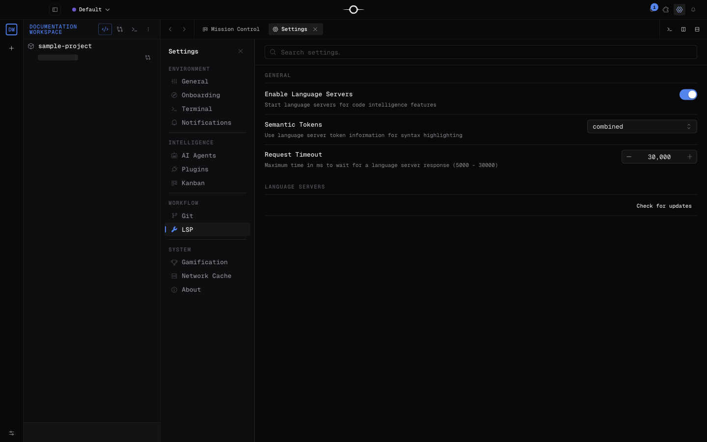 Panneau LSP des réglages de Singularity avec la liste des serveurs de langage