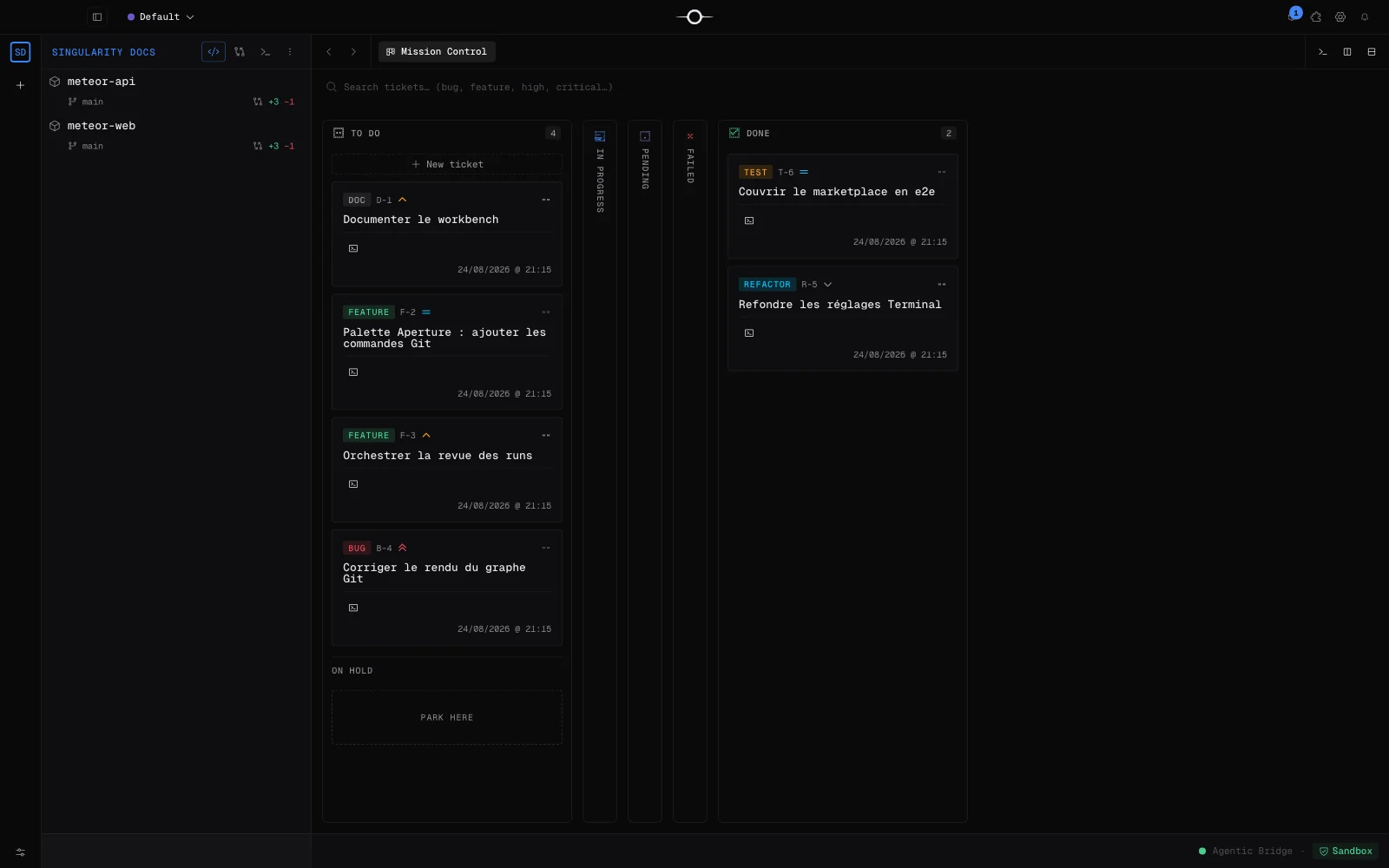 Mission Control et rail de navigation de Singularity