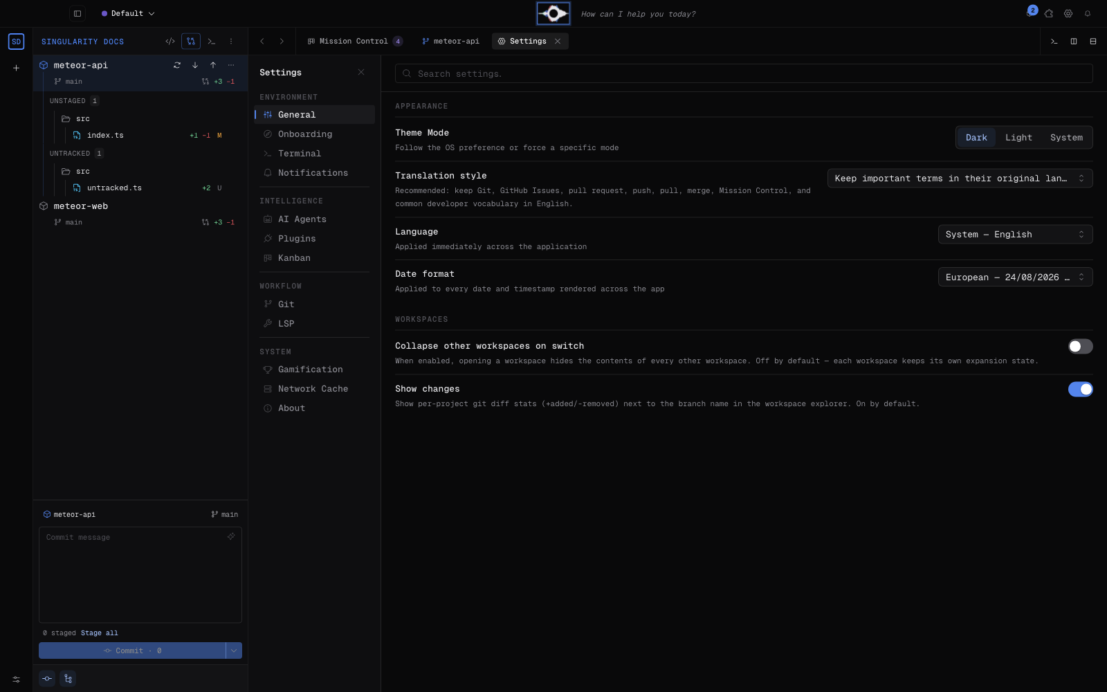 Réglages de Singularity, avec la section Agents IA dans la navigation